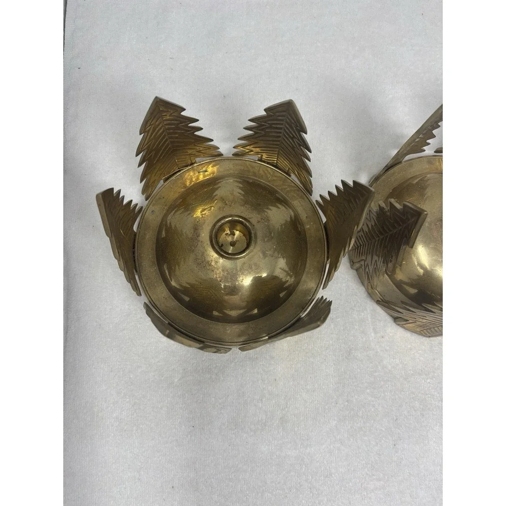 Vtg Round Brass Candle Holder Pine Trees‎ Hand Made India 6
